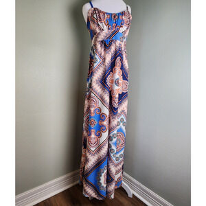 Boho Festival Geometric Floral Elle Maxi Dress Sz M Sleeveless Adjustable Strap